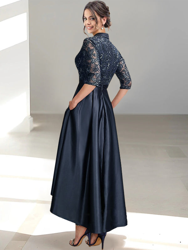 V Neck Tea Length Sheath Column Dress for the Mother of the Bride