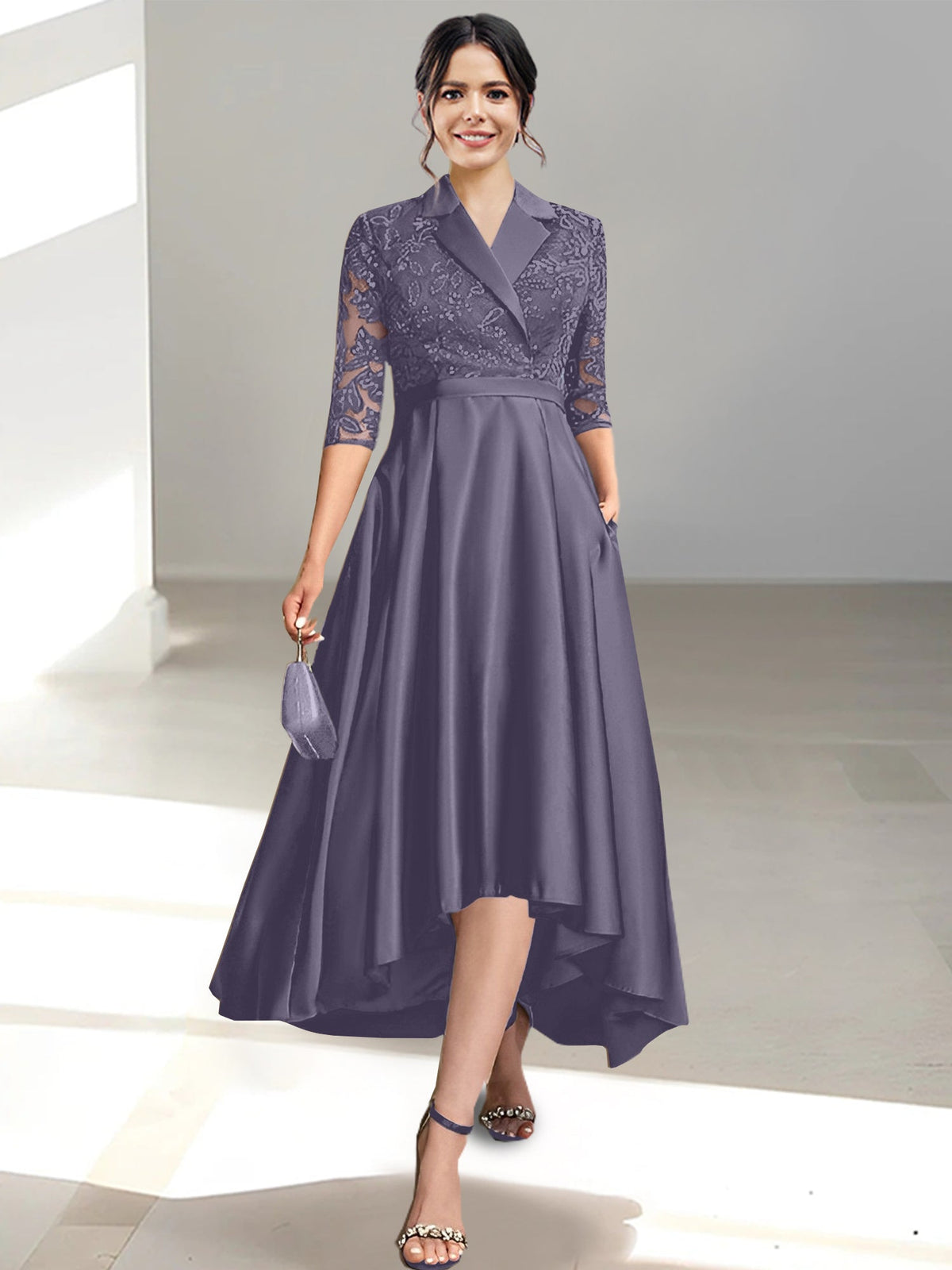 V Neck Tea Length Sheath Column Dress for the Mother of the Bride