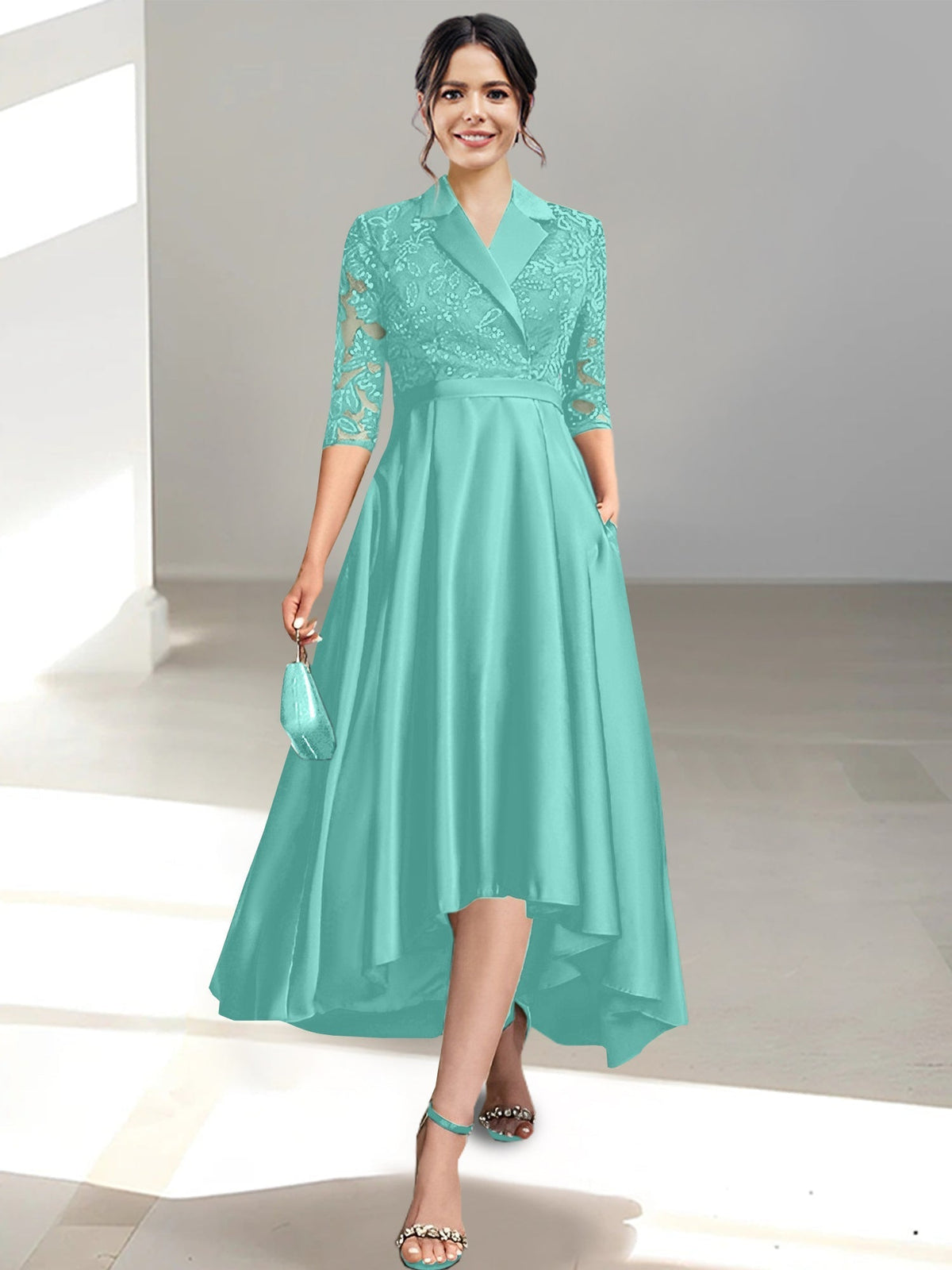 V Neck Tea Length Sheath Column Dress for the Mother of the Bride