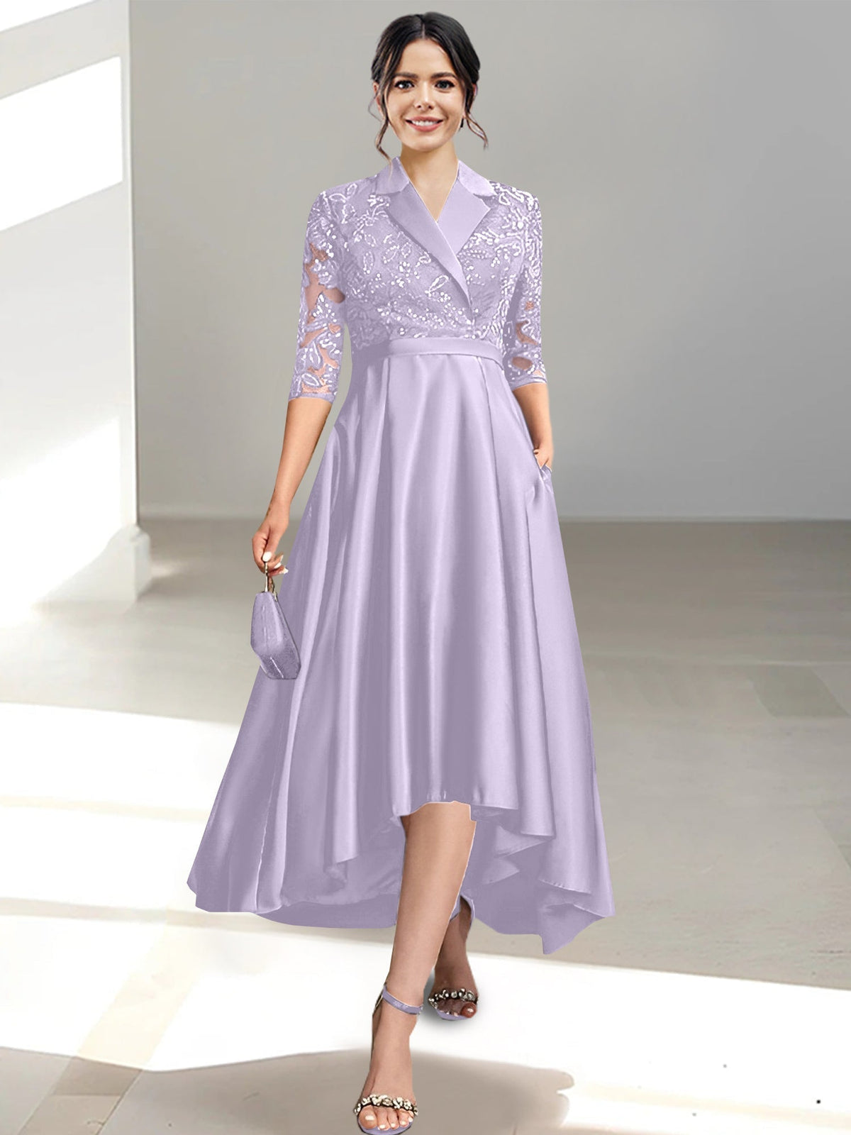 V Neck Tea Length Sheath Column Dress for the Mother of the Bride