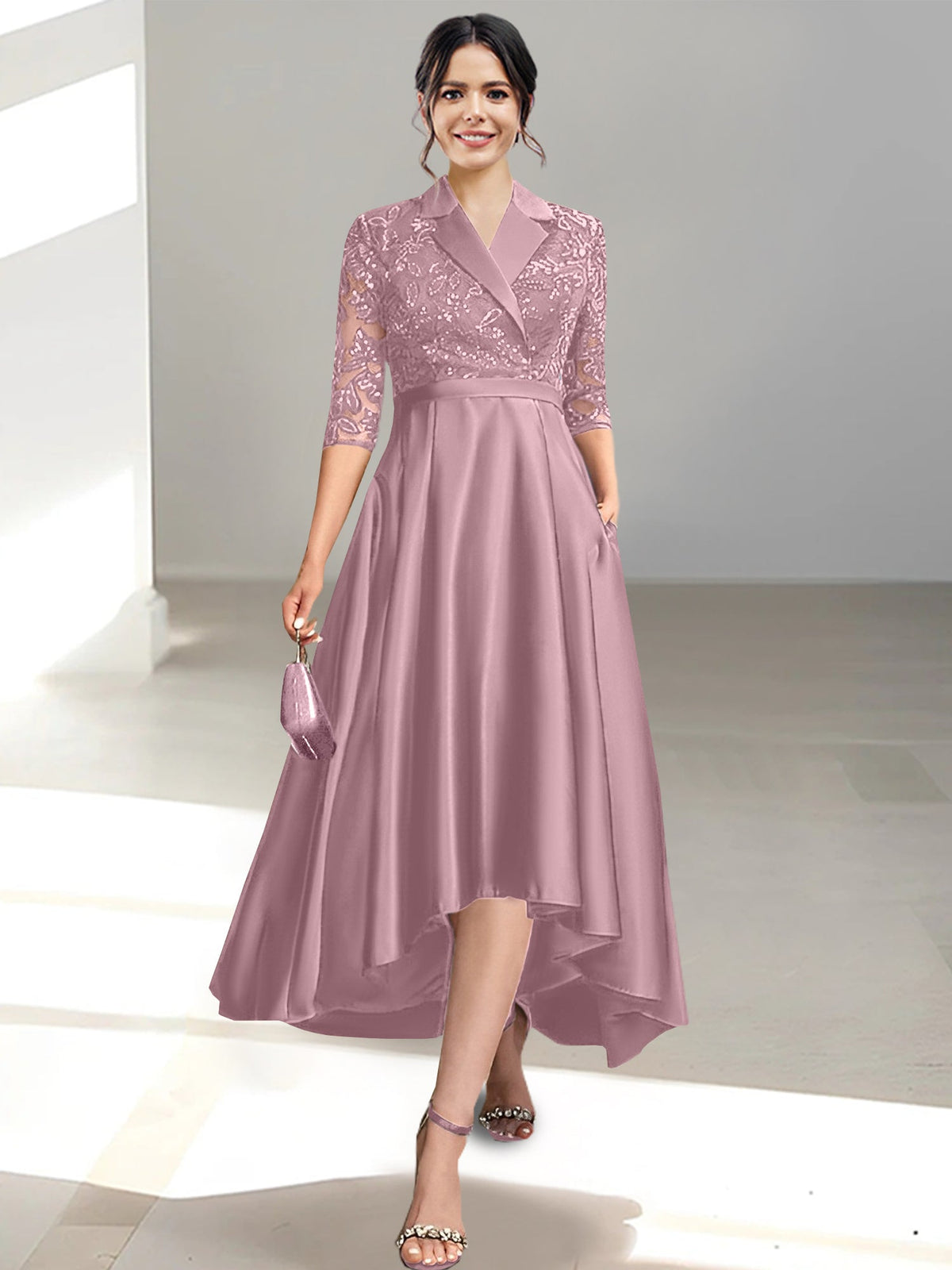 V Neck Tea Length Sheath Column Dress for the Mother of the Bride