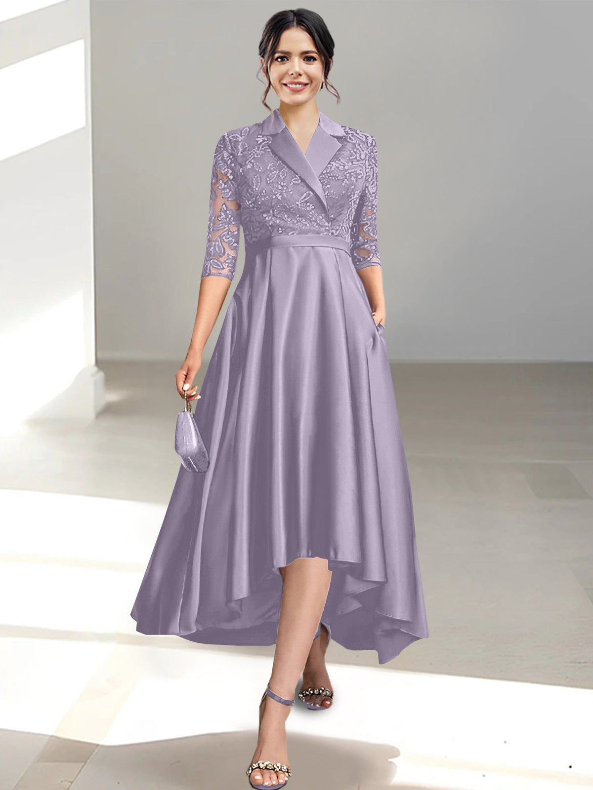 V Neck Tea Length Sheath Column Dress for the Mother of the Bride