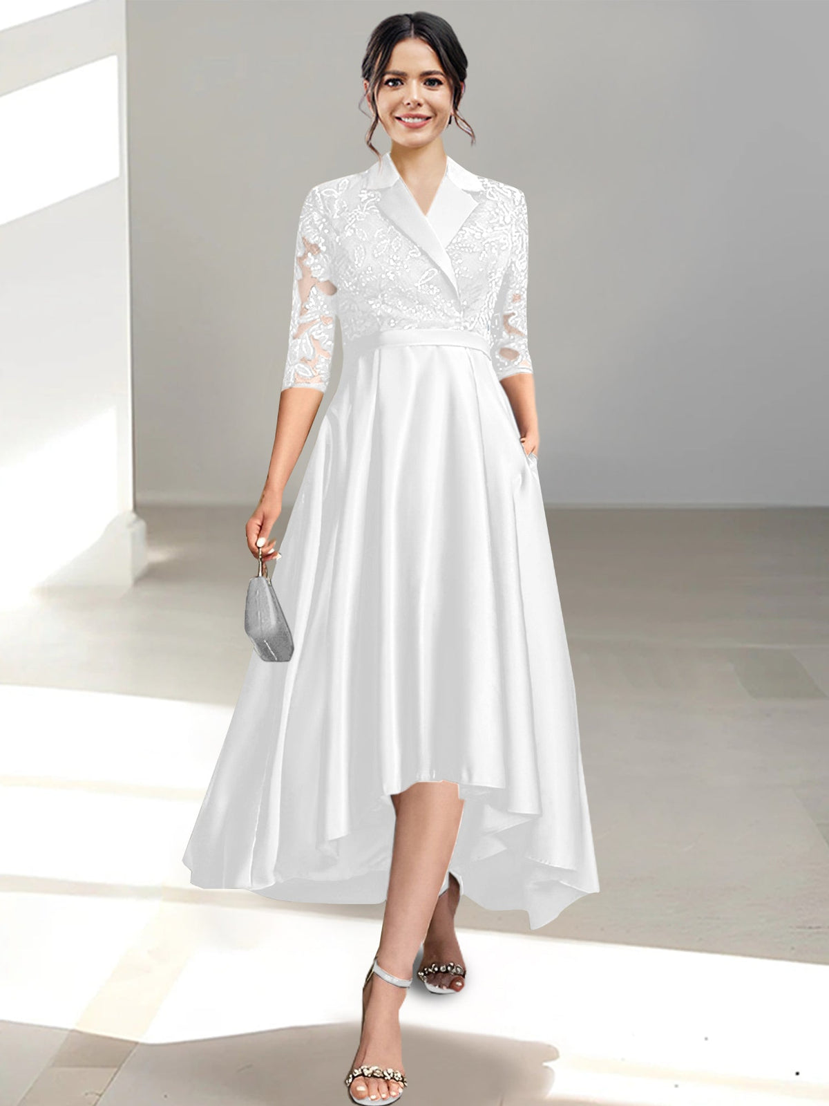 V Neck Tea Length Sheath Column Dress for the Mother of the Bride
