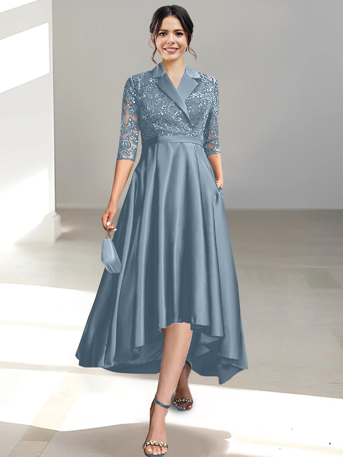 V Neck Tea Length Sheath Column Dress for the Mother of the Bride