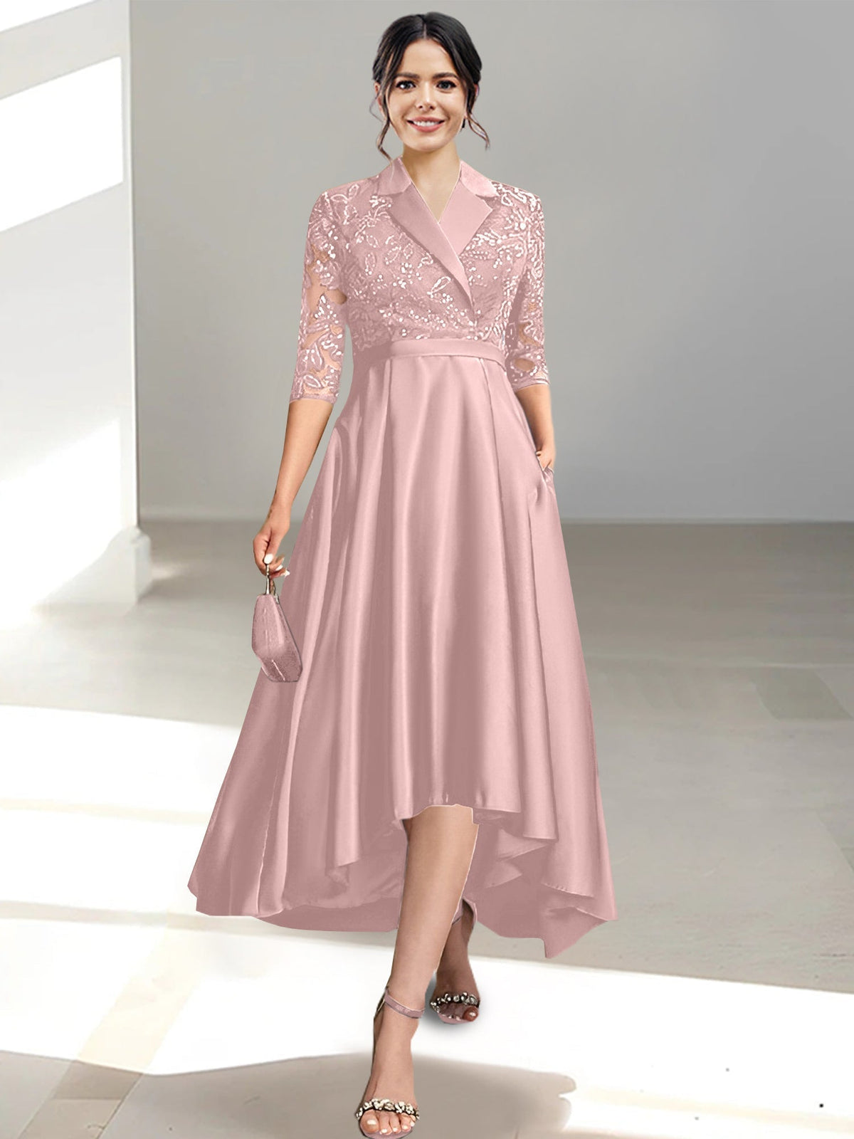 V Neck Tea Length Sheath Column Dress for the Mother of the Bride