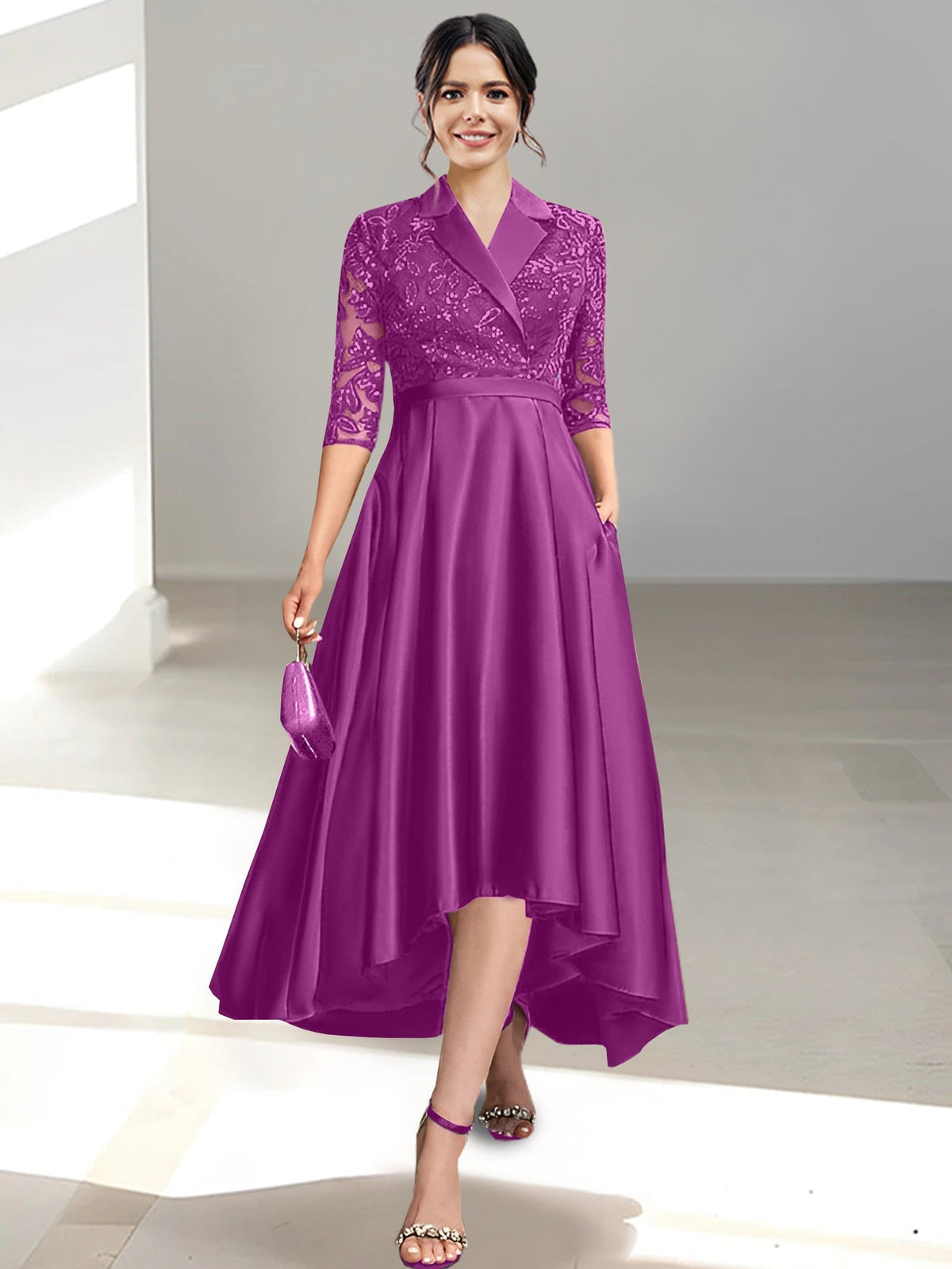 V Neck Tea Length Sheath Column Dress for the Mother of the Bride