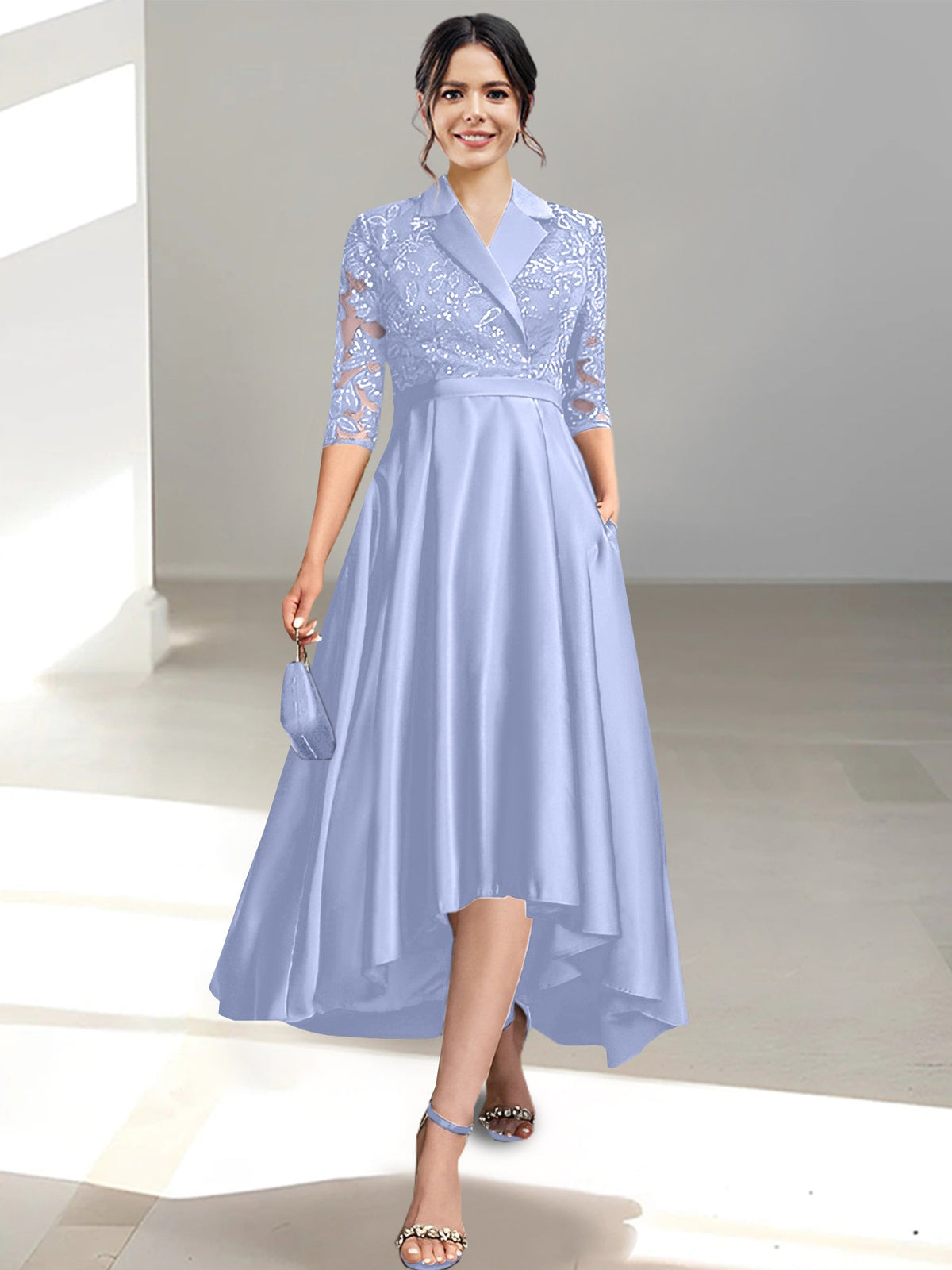 V Neck Tea Length Sheath Column Dress for the Mother of the Bride
