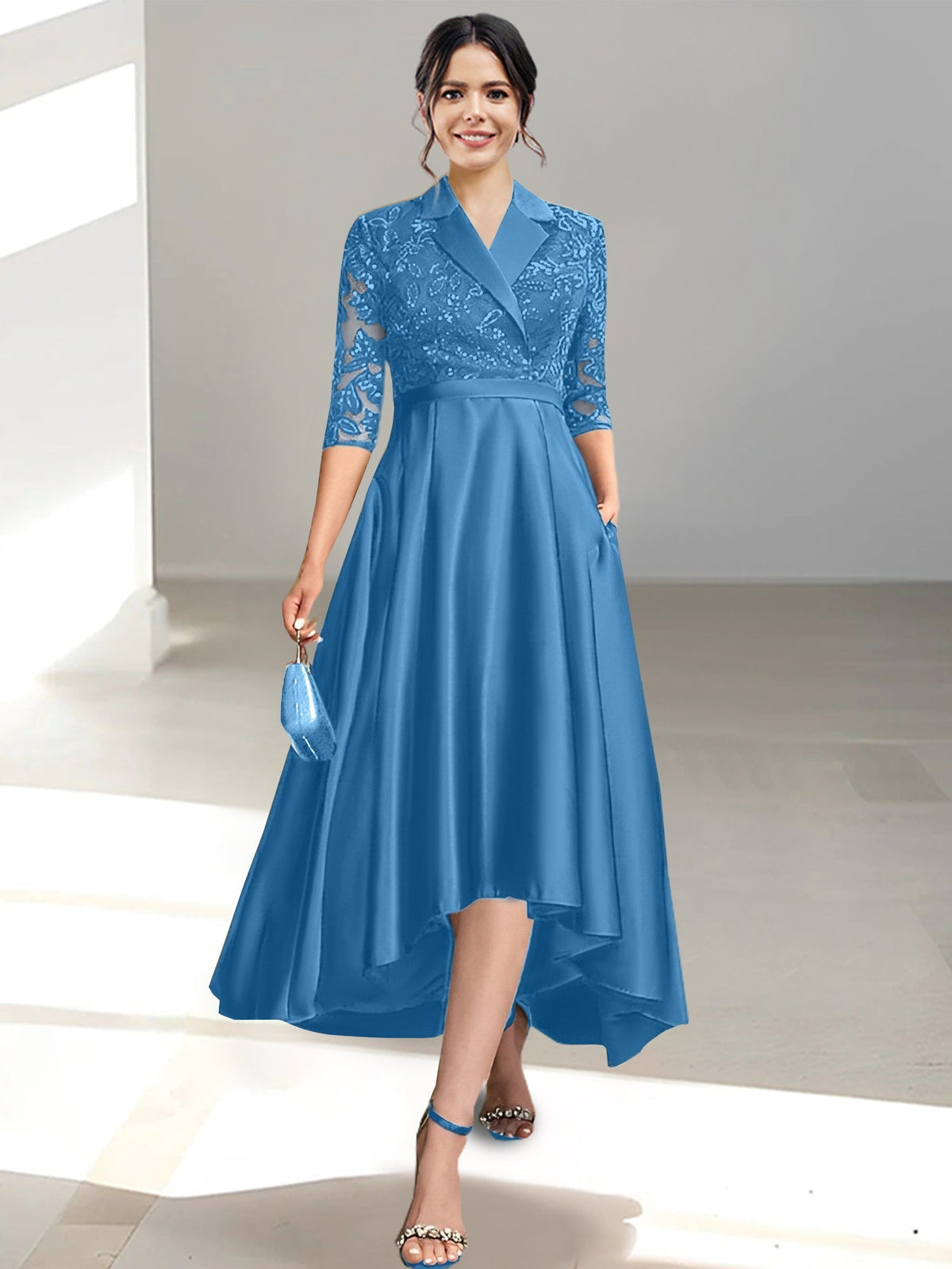 V Neck Tea Length Sheath Column Dress for the Mother of the Bride