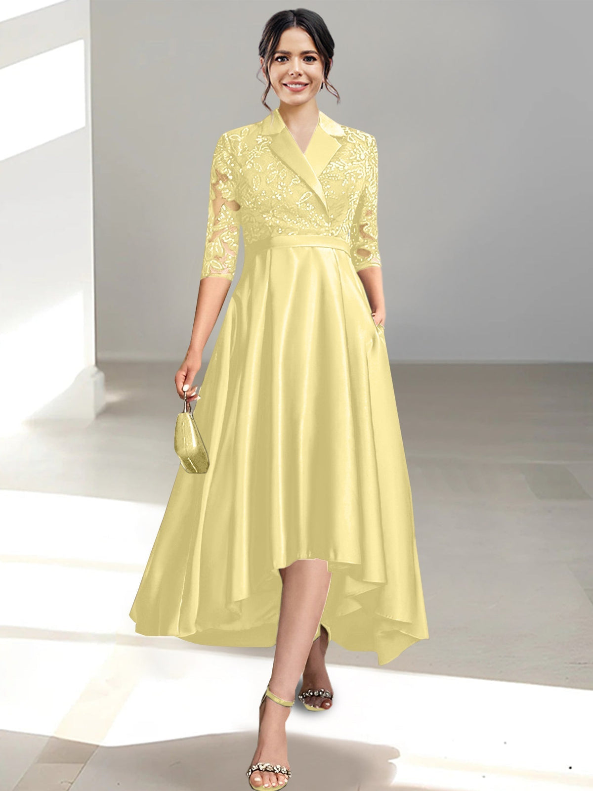 V Neck Tea Length Sheath Column Dress for the Mother of the Bride