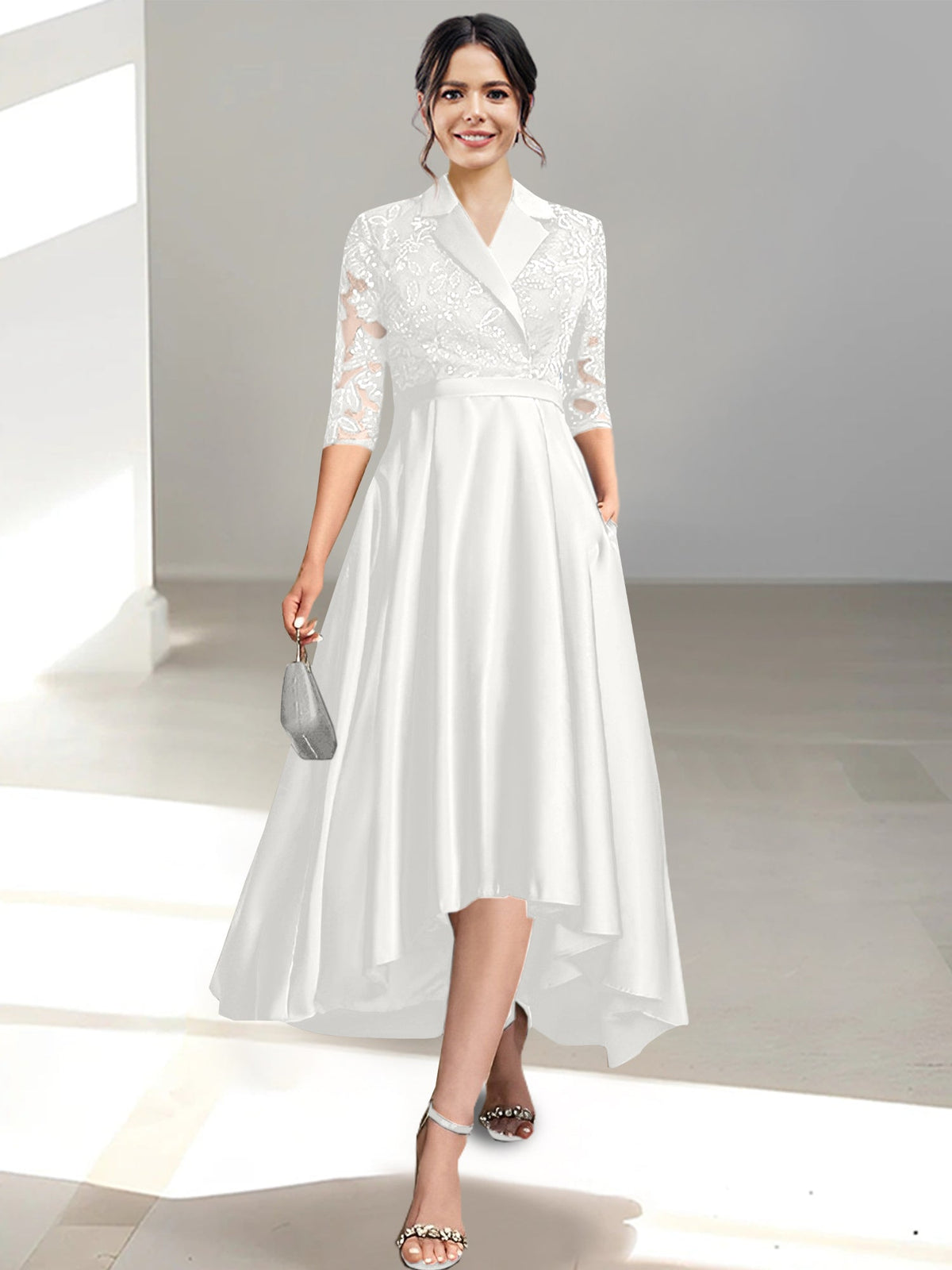 V Neck Tea Length Sheath Column Dress for the Mother of the Bride