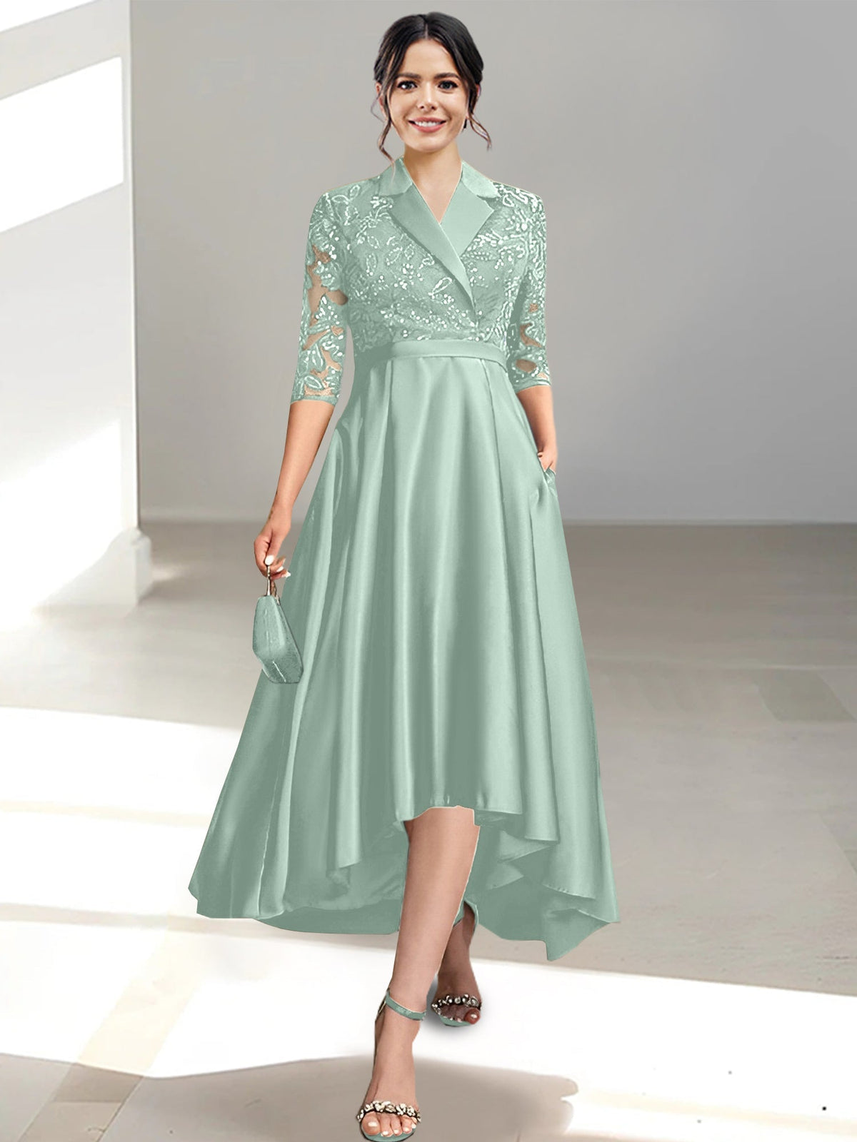 V Neck Tea Length Sheath Column Dress for the Mother of the Bride