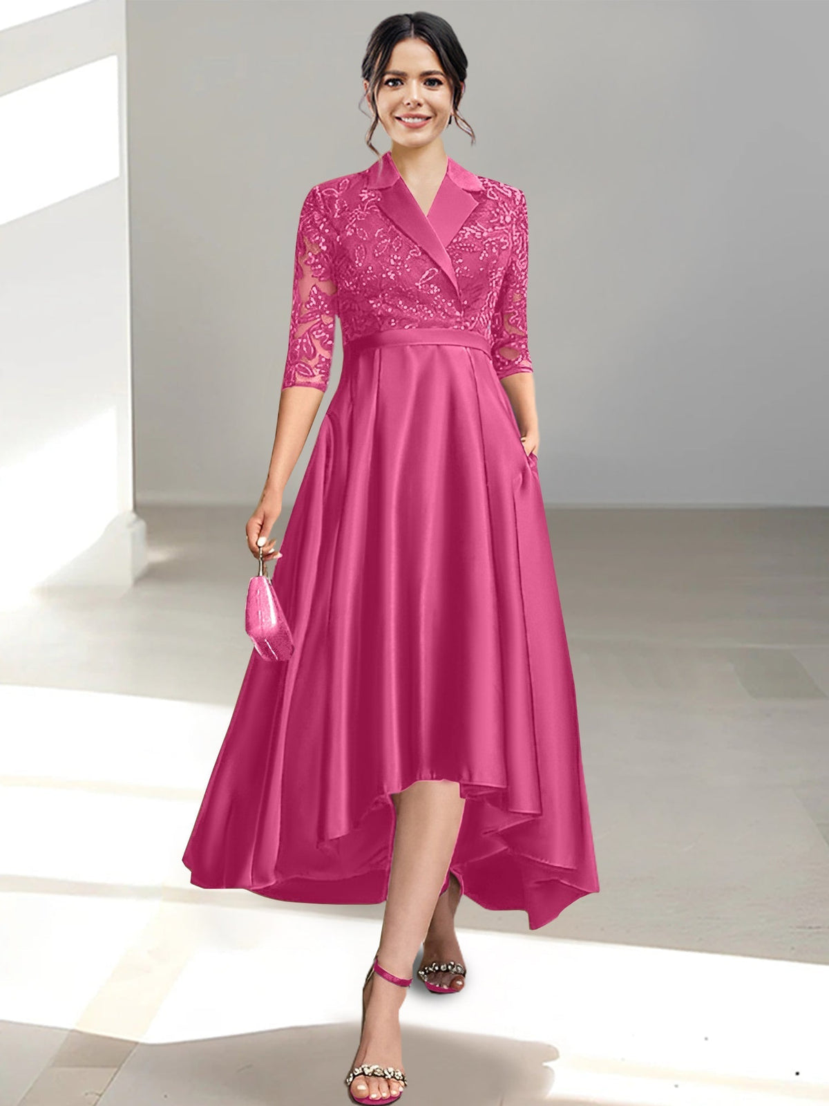 V Neck Tea Length Sheath Column Dress for the Mother of the Bride