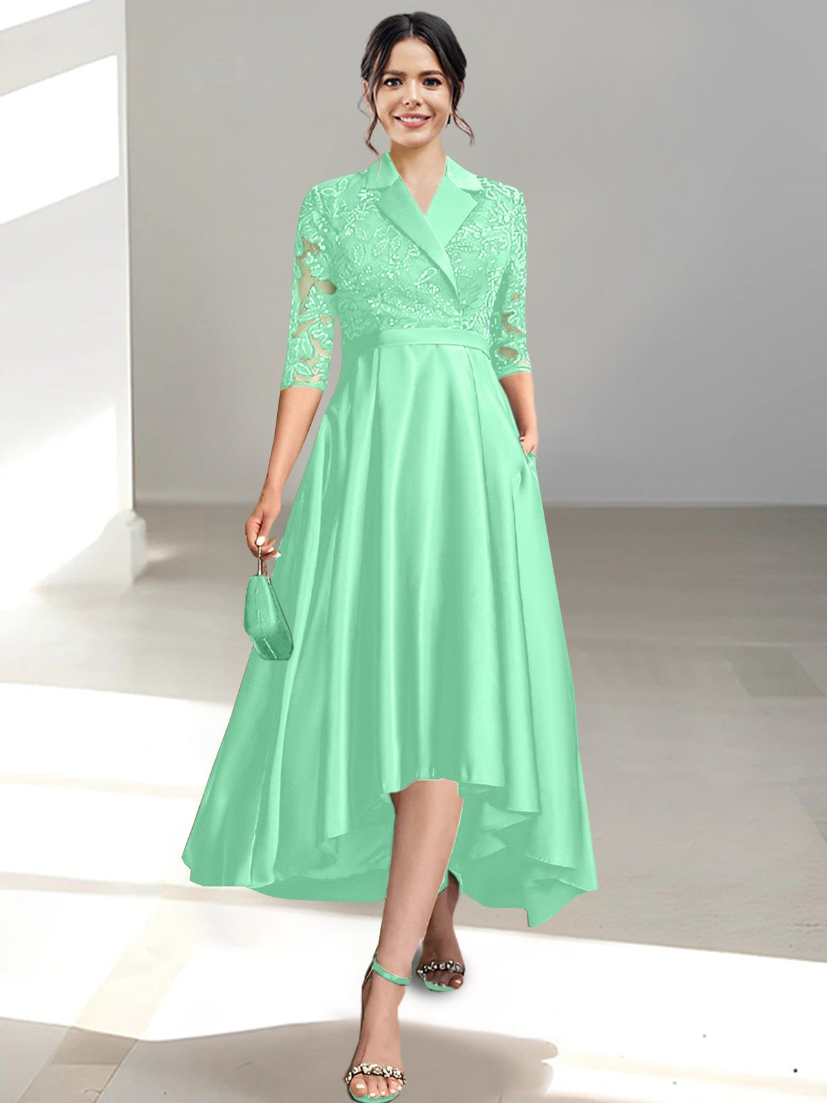V Neck Tea Length Sheath Column Dress for the Mother of the Bride