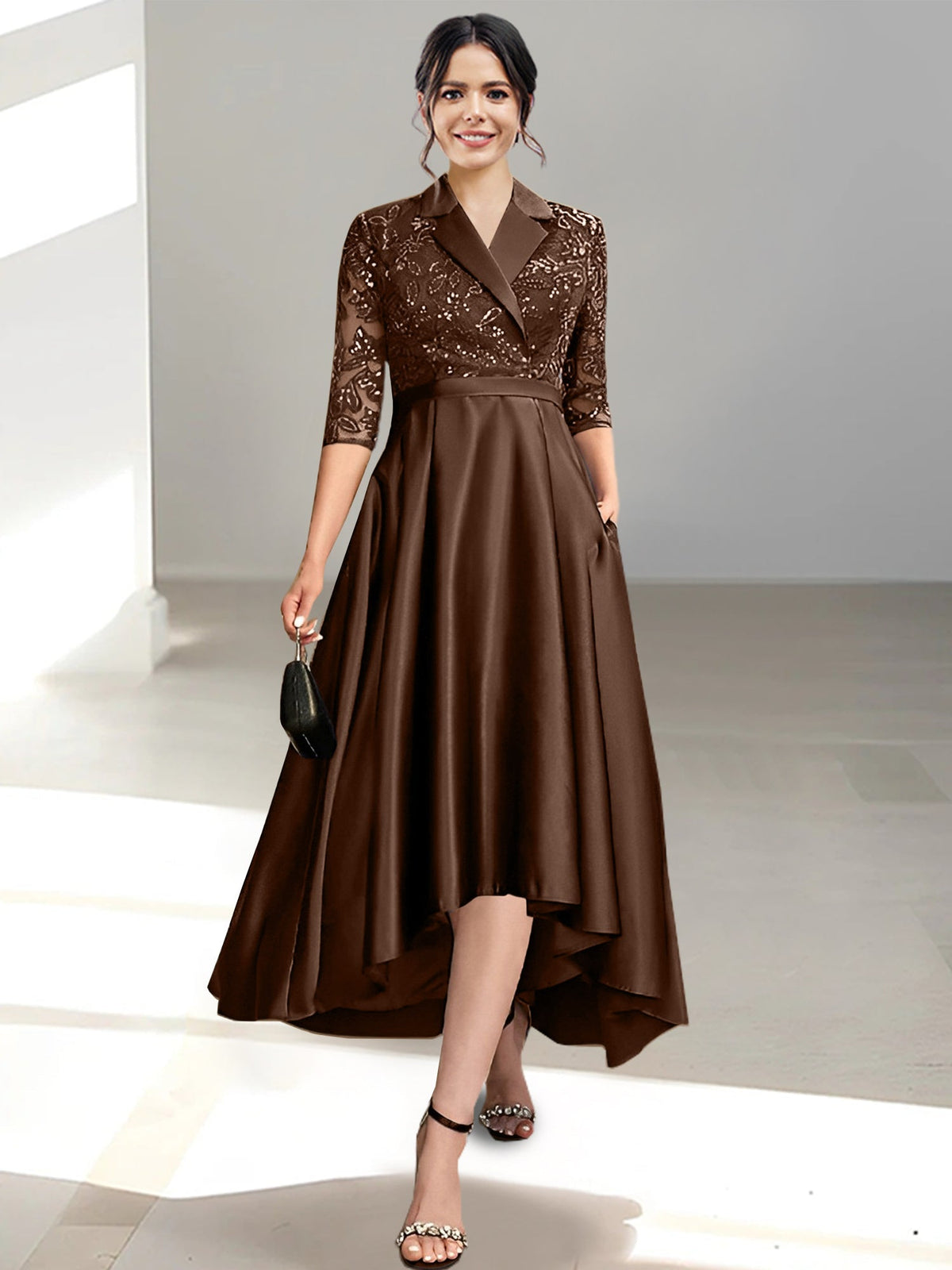 V Neck Tea Length Sheath Column Dress for the Mother of the Bride