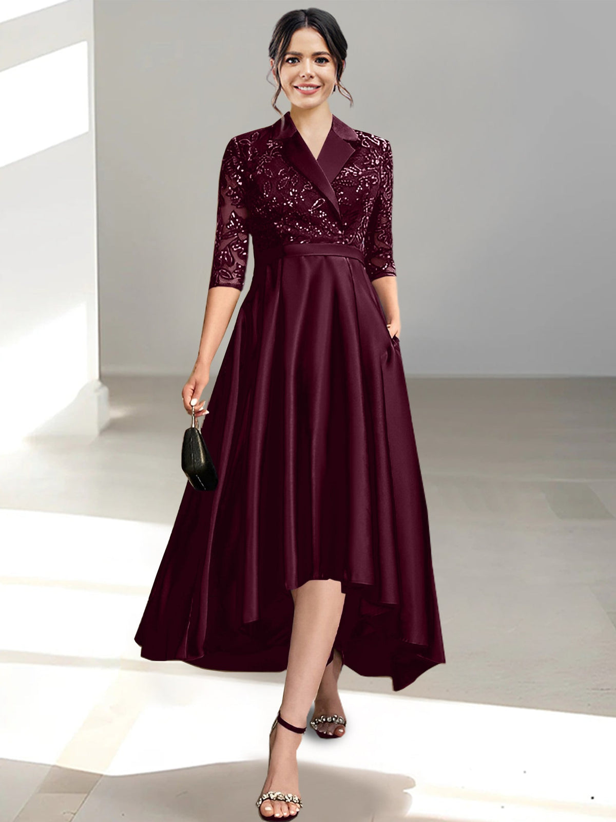 V Neck Tea Length Sheath Column Dress for the Mother of the Bride