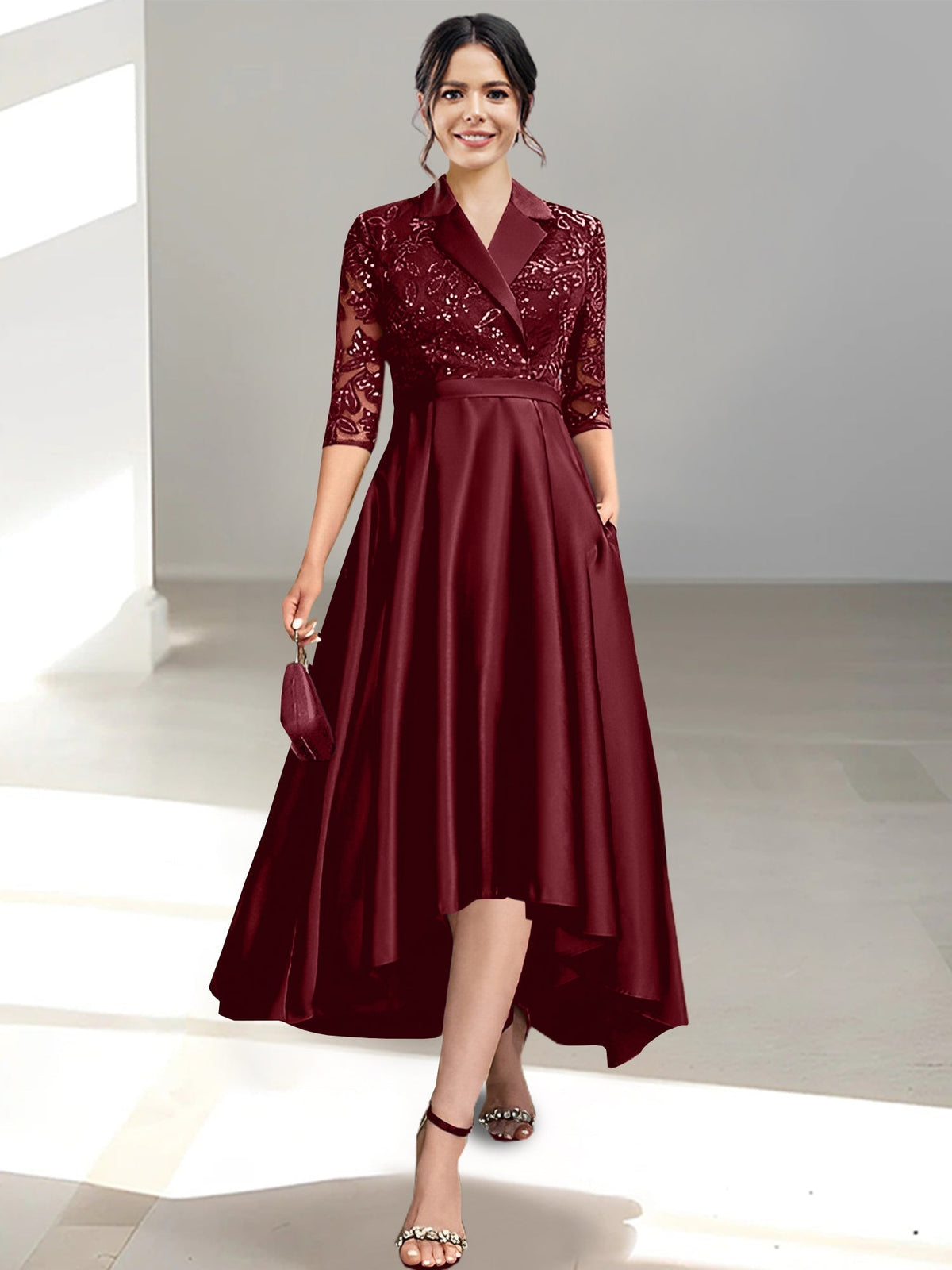 V Neck Tea Length Sheath Column Dress for the Mother of the Bride