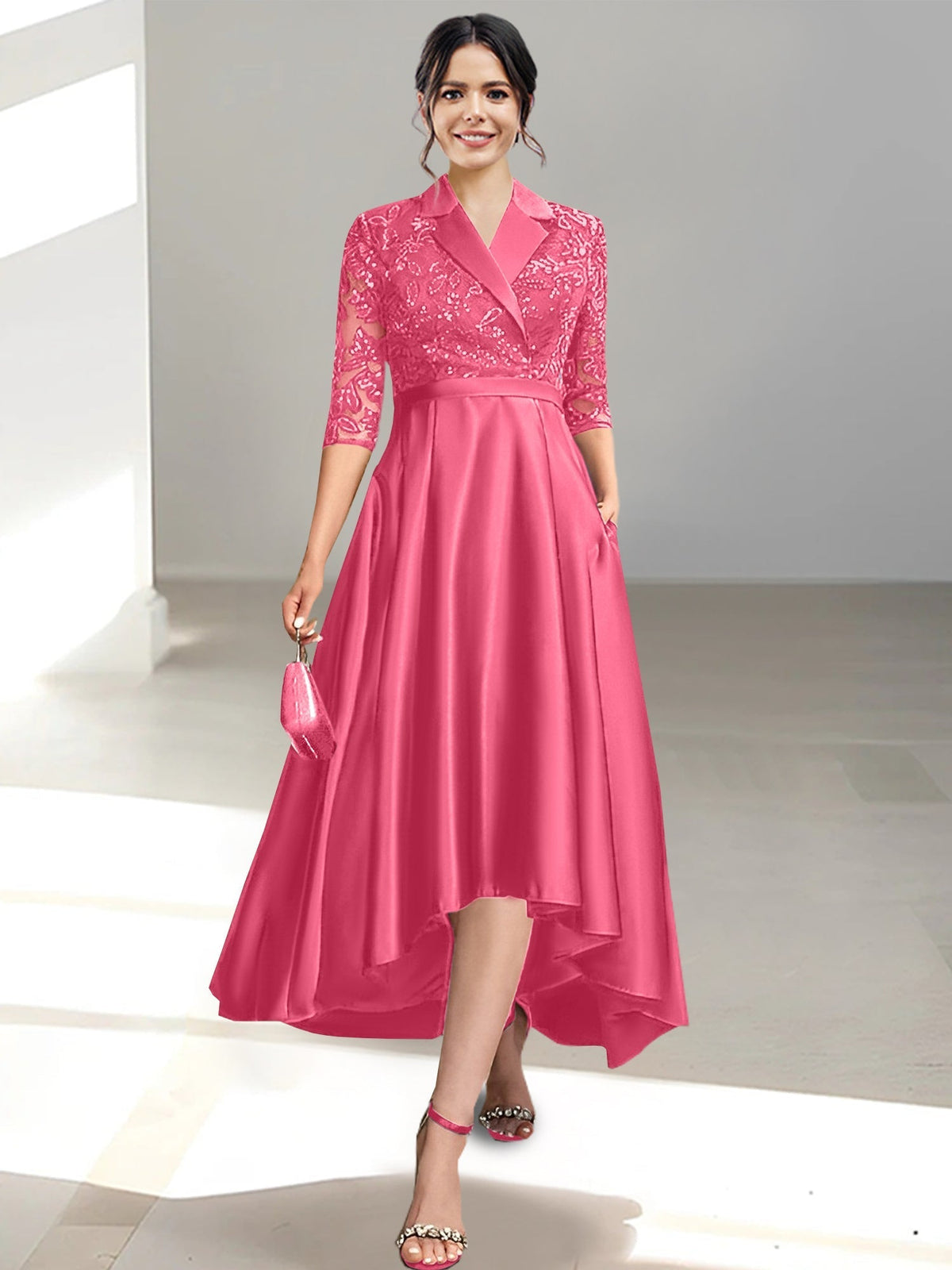 V Neck Tea Length Sheath Column Dress for the Mother of the Bride