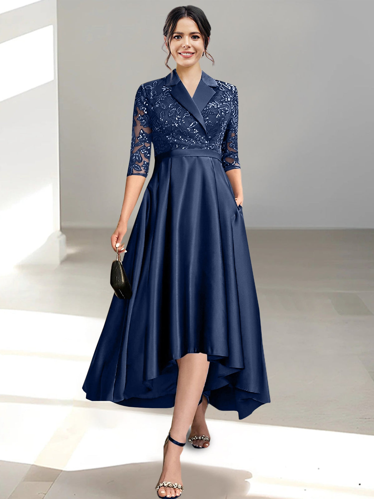 V Neck Tea Length Sheath Column Dress for the Mother of the Bride