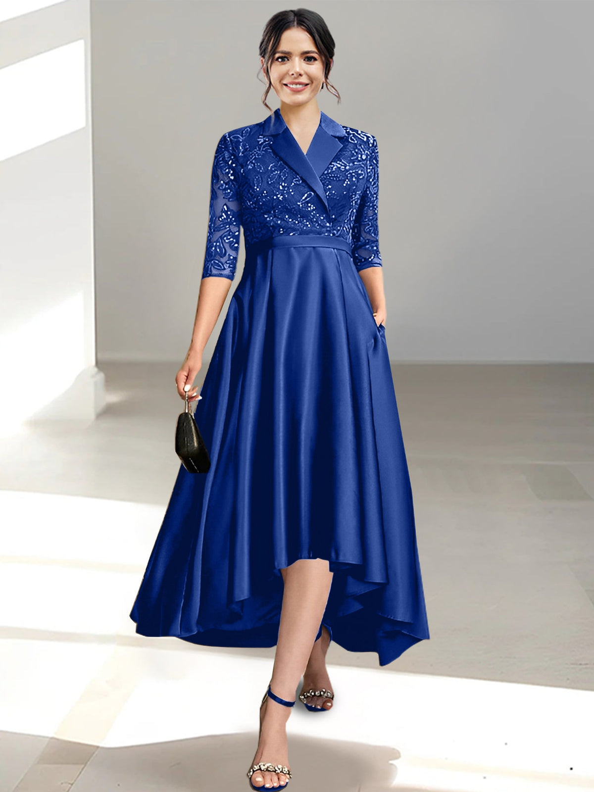 V Neck Tea Length Sheath Column Dress for the Mother of the Bride