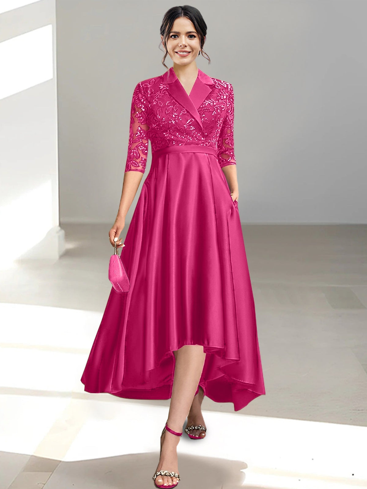 V Neck Tea Length Sheath Column Dress for the Mother of the Bride