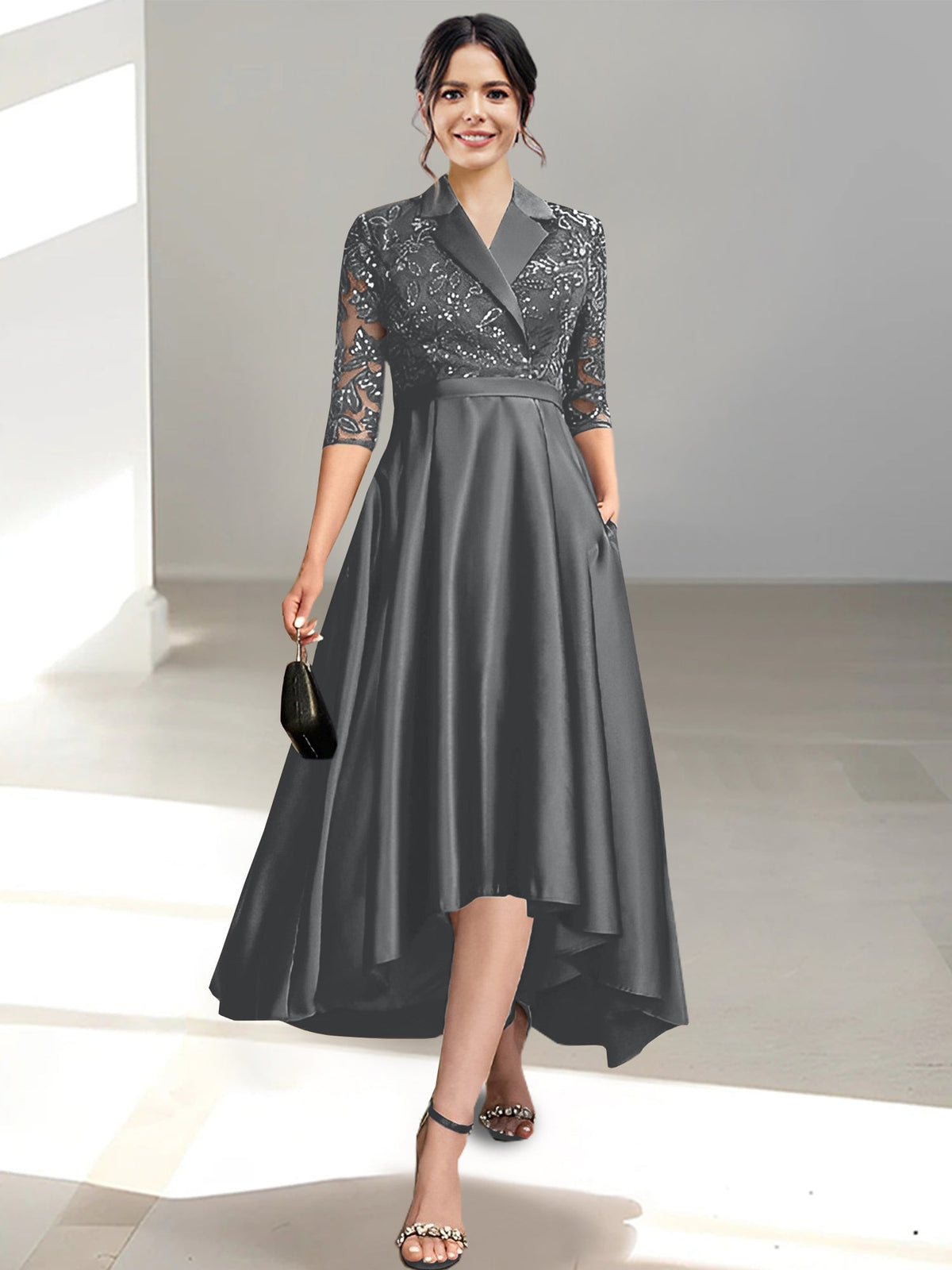 V Neck Tea Length Sheath Column Dress for the Mother of the Bride