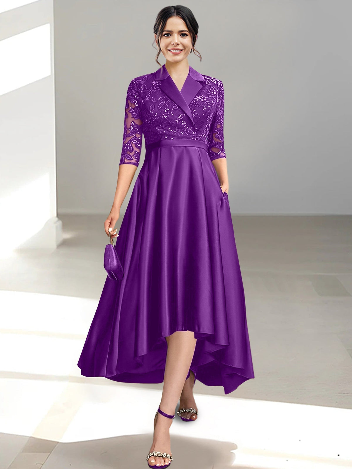 V Neck Tea Length Sheath Column Dress for the Mother of the Bride