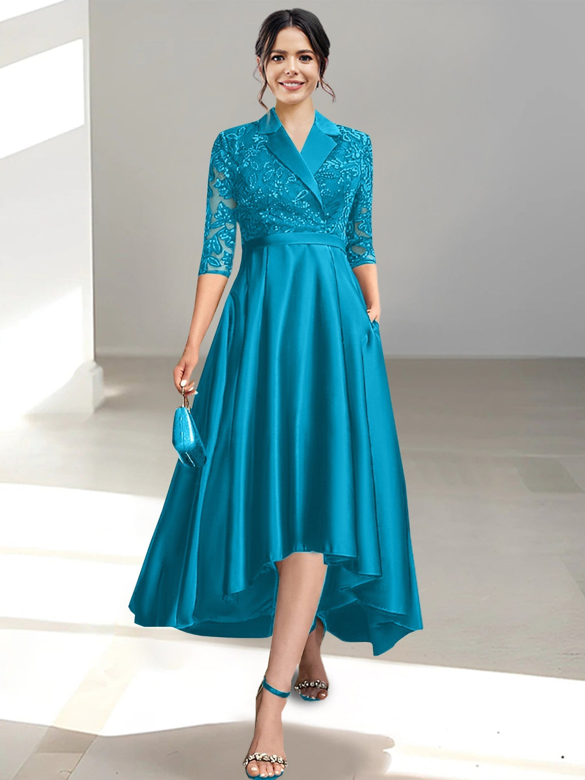 V Neck Tea Length Sheath Column Dress for the Mother of the Bride