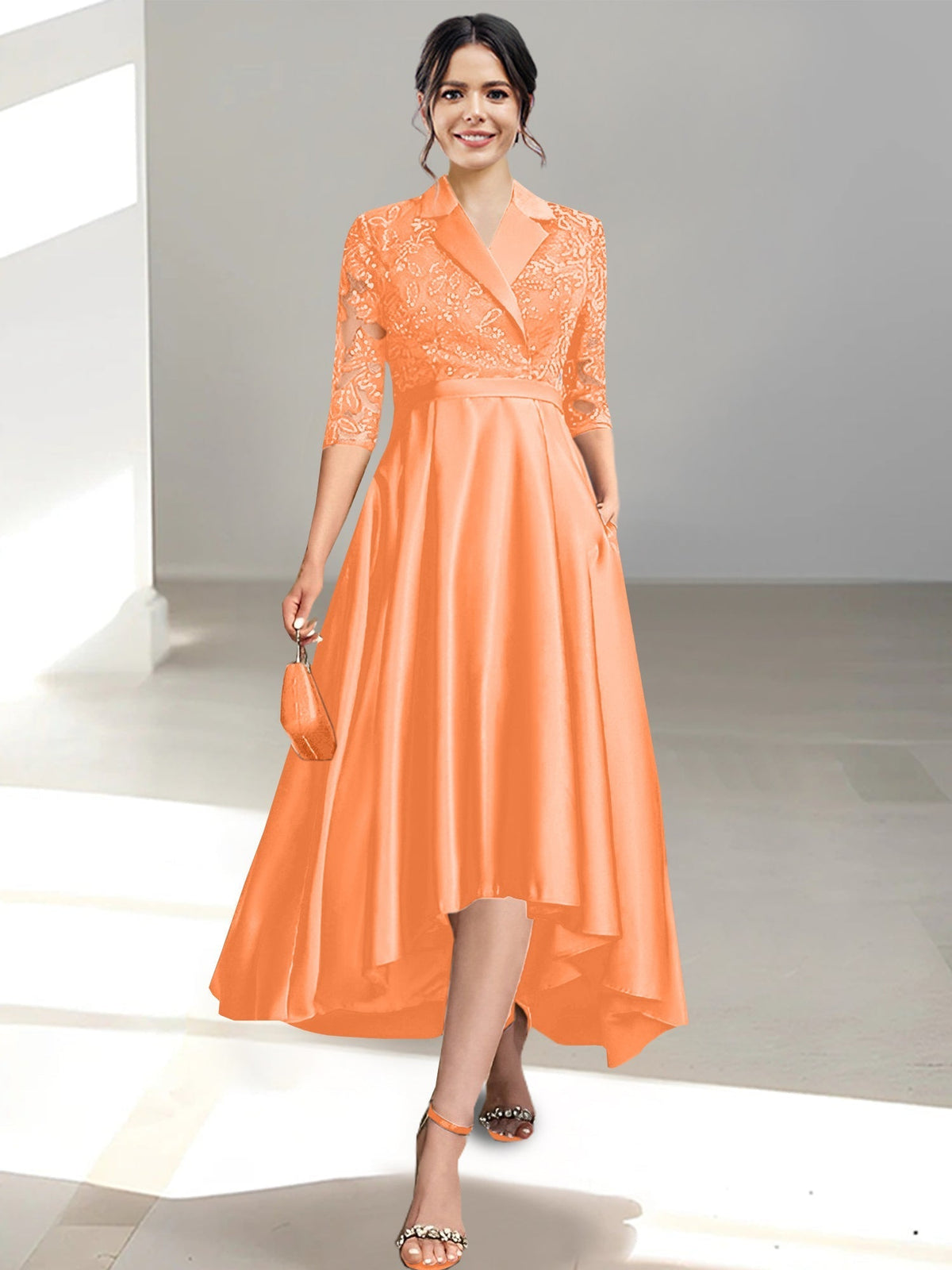 V Neck Tea Length Sheath Column Dress for the Mother of the Bride