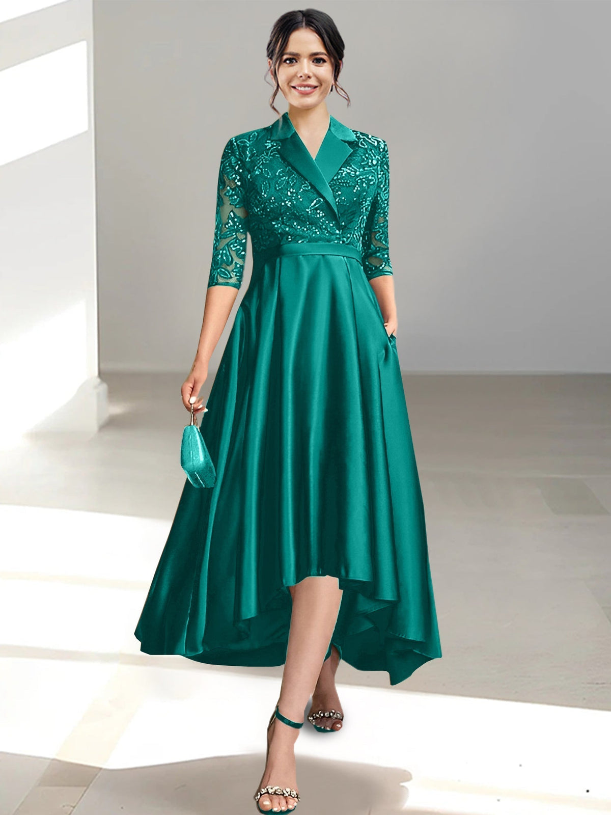 V Neck Tea Length Sheath Column Dress for the Mother of the Bride