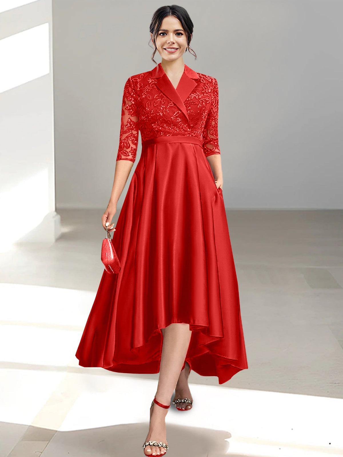 V Neck Tea Length Sheath Column Dress for the Mother of the Bride
