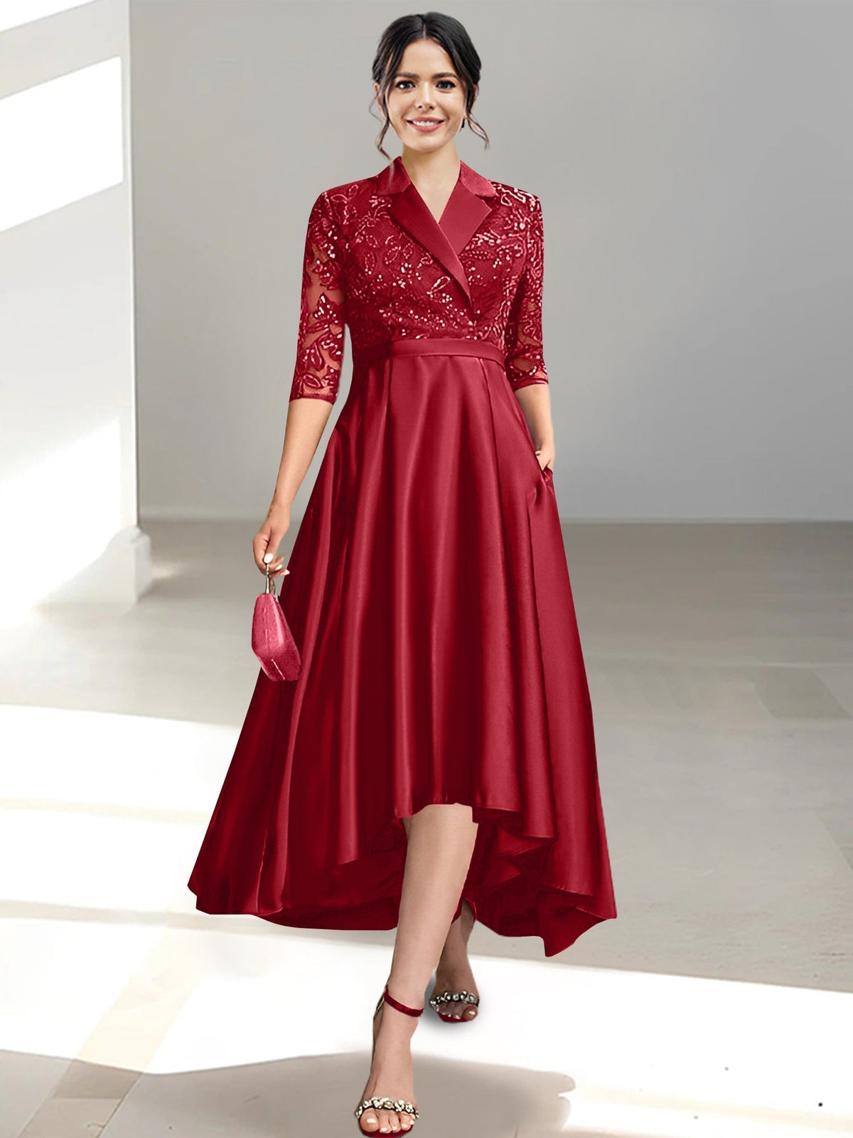 V Neck Tea Length Sheath Column Dress for the Mother of the Bride