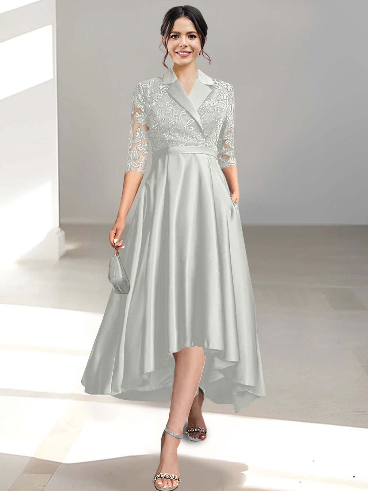V Neck Tea Length Sheath Column Dress for the Mother of the Bride
