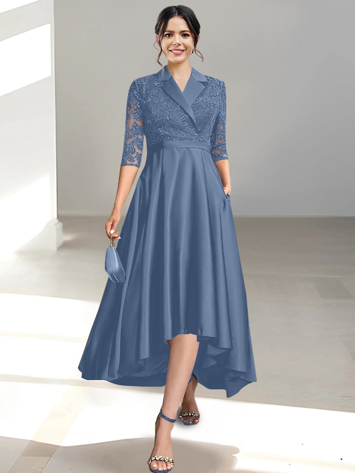V Neck Tea Length Sheath Column Dress for the Mother of the Bride