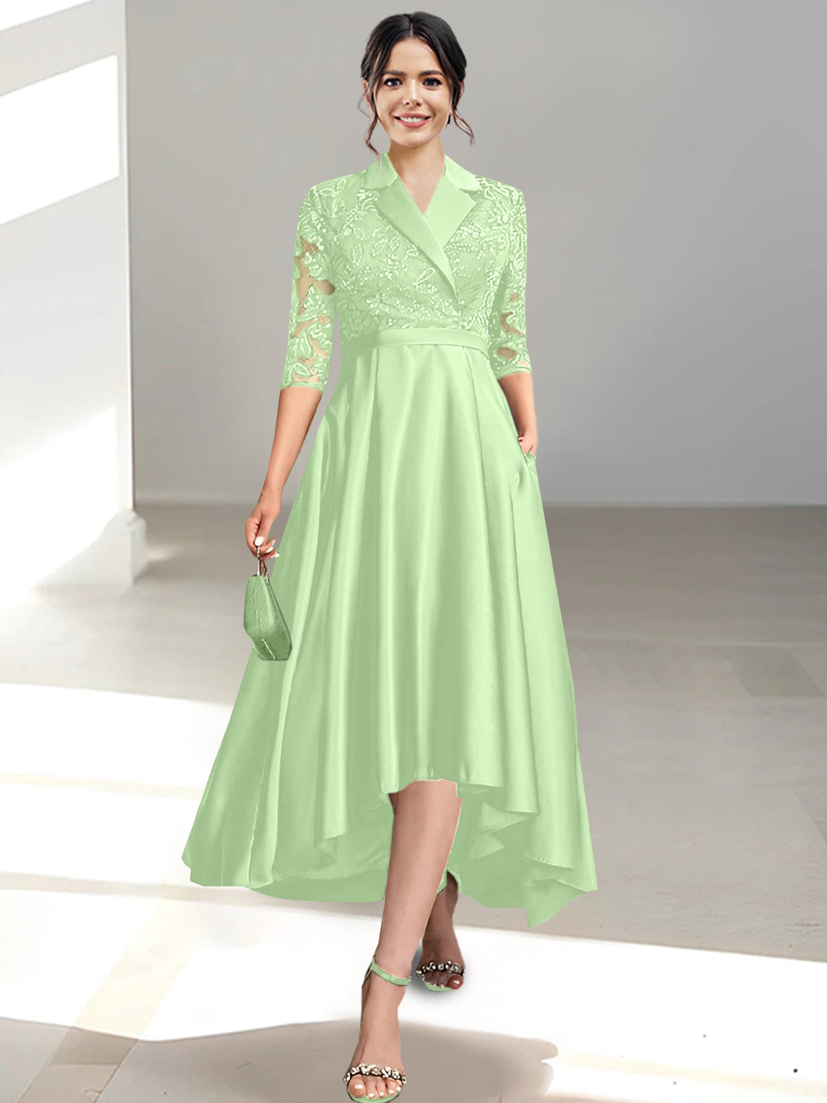 V Neck Tea Length Sheath Column Dress for the Mother of the Bride