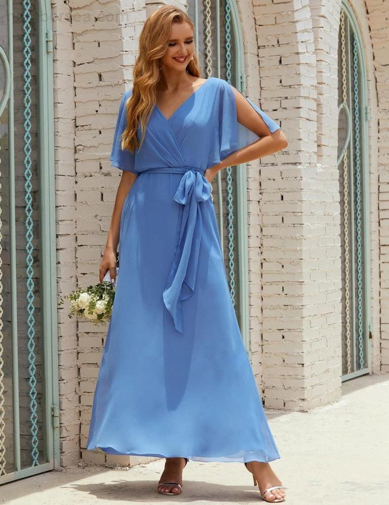 ZapDress V-Neck Bridesmaid Dress Long Formal Dresses with Belt for 28022 (ZD17051)