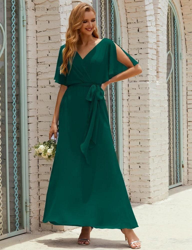 ZapDress V-Neck Bridesmaid Dress Long Formal Dresses with Belt for 28022 (ZD17051)