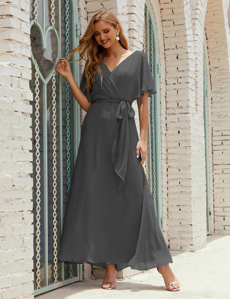 Numbersea V-Neck Bridesmaid Dress Long Formal Dresses with Belt for 28022 by numbersea