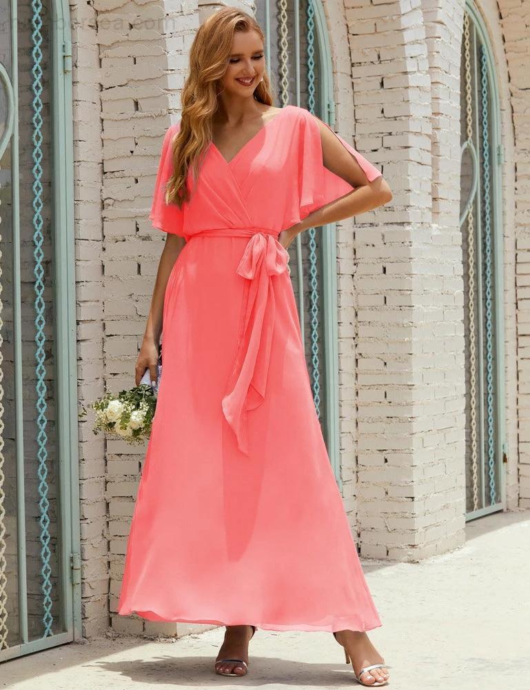 ZapDress V-Neck Bridesmaid Dress Long Formal Dresses with Belt for 28022 (ZD17051)