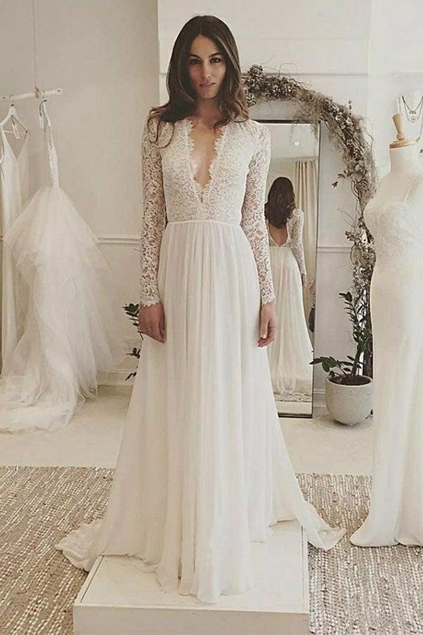 V-Neck Long Sleeves Backless Ivory Chiffon Wedding Dress with Lace (ZD16288) - VelvetHem