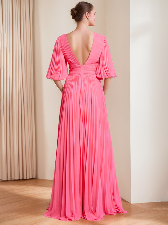 V neck A Line Long Mother of the Bride Dress with 3/4 Sleeves and Ruffles
