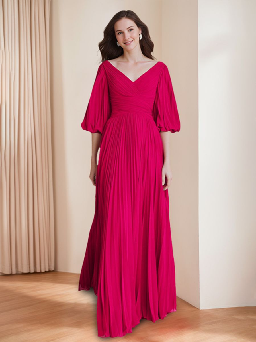 V neck A Line Long Mother of the Bride Dress with 3/4 Sleeves and Ruffles