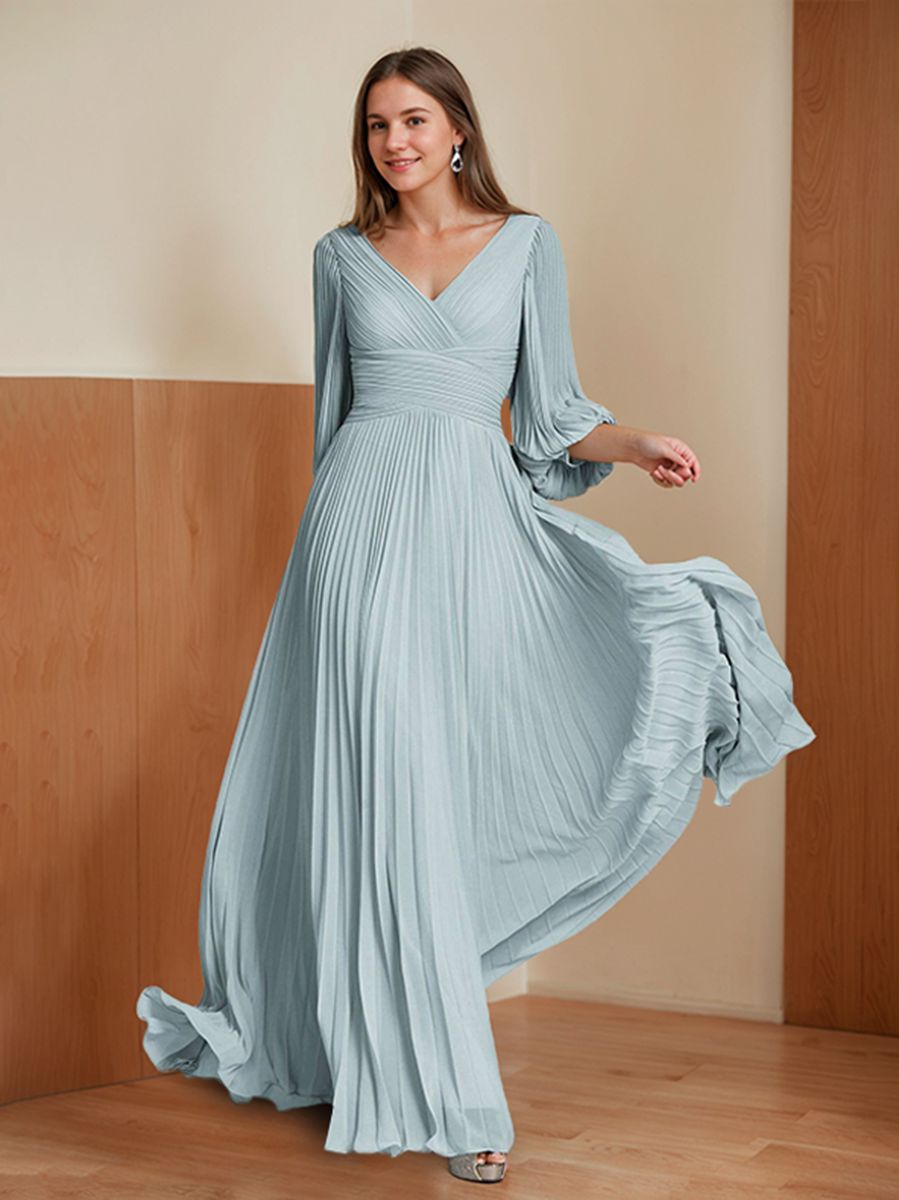 V neck A Line Long Mother of the Bride Dress with 3/4 Sleeves and Ruffles