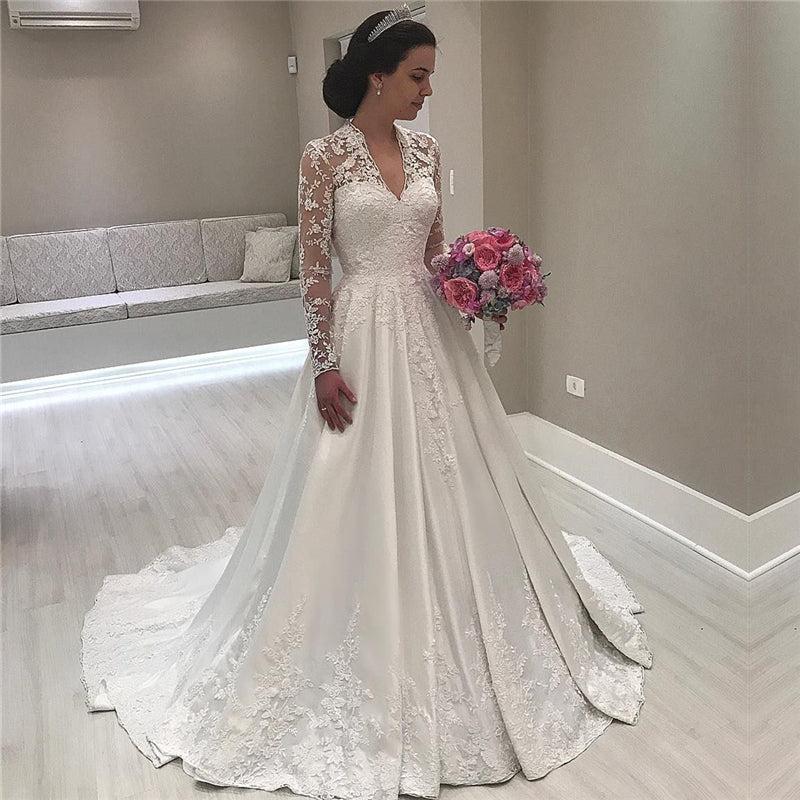 V-neck Lace Long Sleeve Wedding Dresses Vintage | Satin Appliques  Royal Wedding Dress