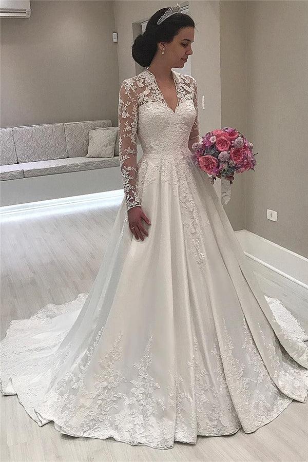 V-neck Lace Long Sleeve Wedding Dresses Vintage | Satin Appliques  Royal Wedding Dress