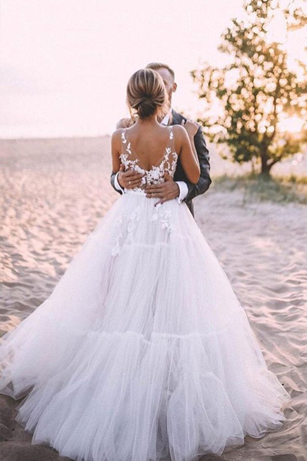 V-neck Lace Tulle Floor-length Beach Wedding Dress