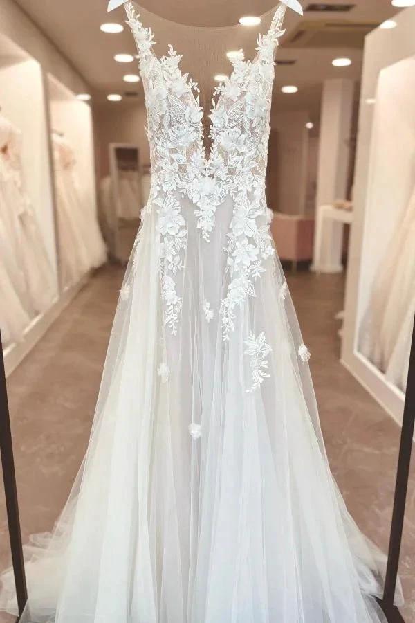 A-Line V-neck Chiffon Lace Open Back Long Wedding Dresses With Split (ZD14474)