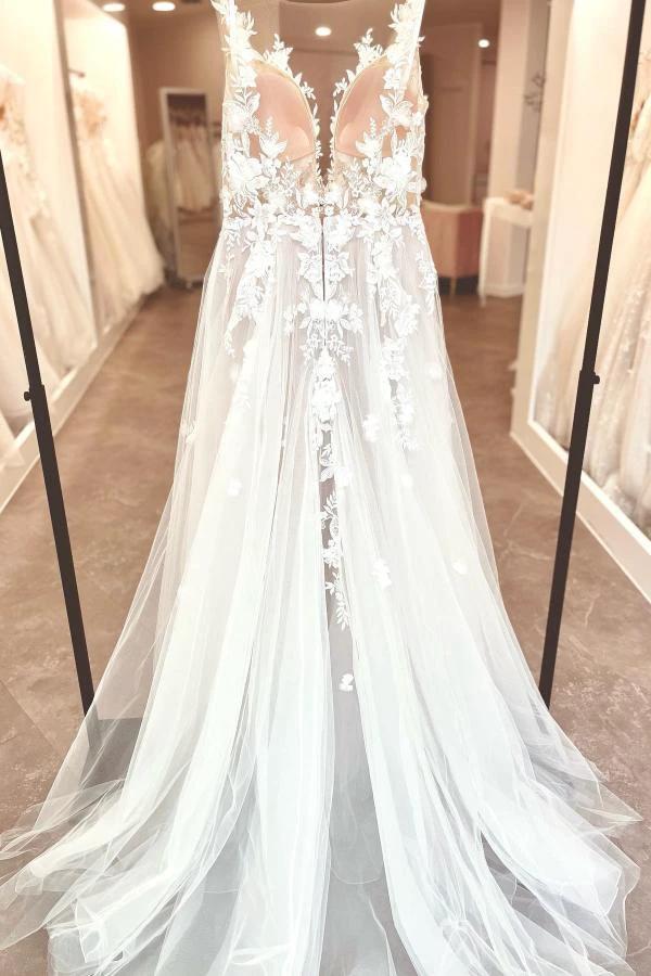 A-Line V-neck Chiffon Lace Open Back Long Wedding Dresses With Split (ZD14474)