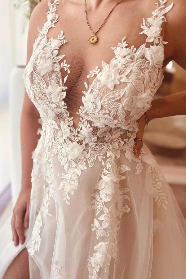 A-Line V-neck Chiffon Lace Open Back Long Wedding Dresses With Split (ZD14474)