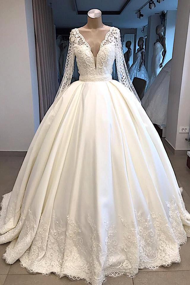 V-neck Long Sleeve Ball Gown Wedding Dress  | Satin Beaded Lace Luxury Bridal Gowns Online