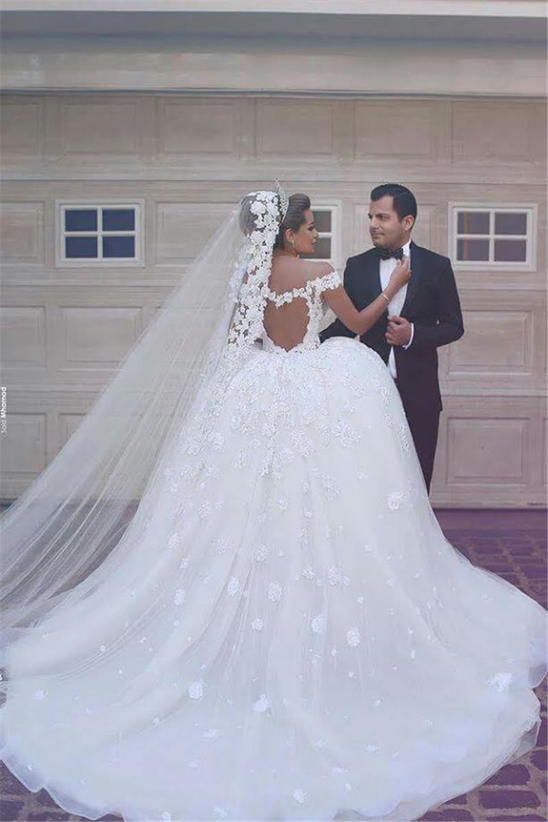 V-neck Off Shoulder Wedding Dresses Lace Ball Gown Bridal Gowns BA3538